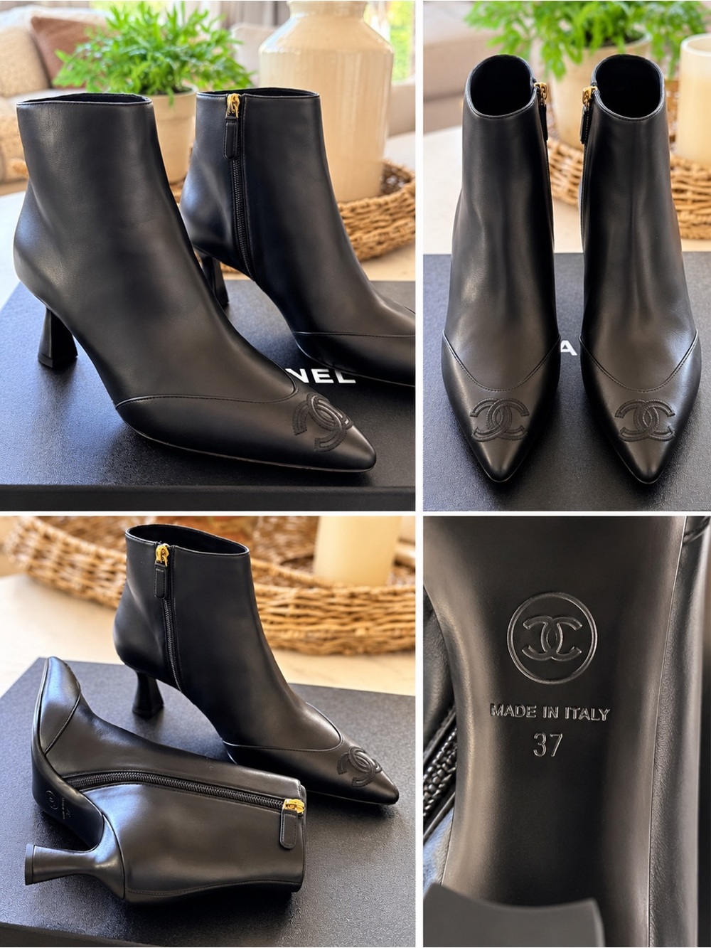 26B Chanel Black Lambskin Leather Pointed Toe Ankle Booties with Gold Zipper